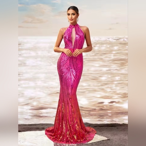 Pink Sequin Backless Halter Gown - Picture 9 of 12